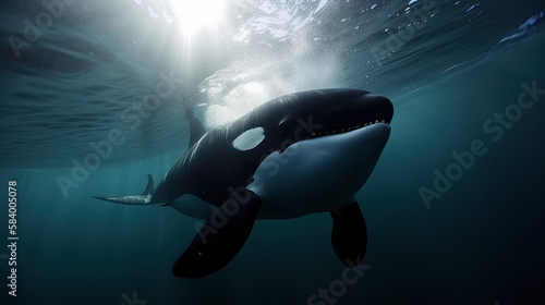 Orca kasatka underwater in the deep ocean. Generative AI © Generative Professor