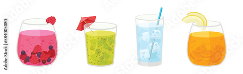 Fresh Refreshing Summer Cocktails with Ice Cubes and Fruits and Berries in Glass with Straw Vector Set