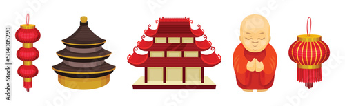 Chinese Culture Symbols with Pagoda Temple and Buddhist Monk Vector Set