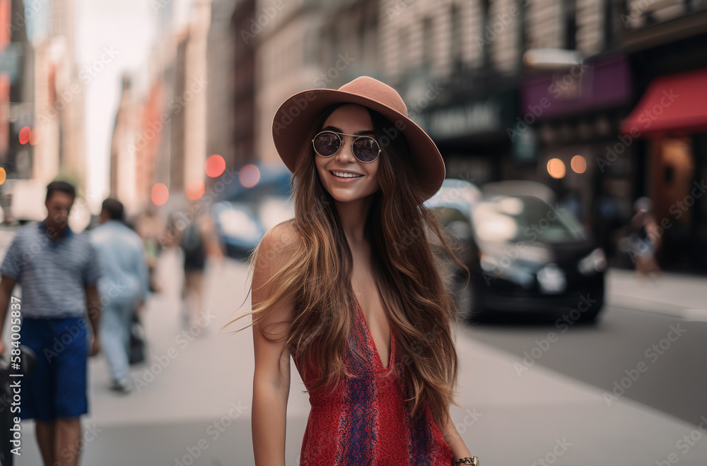 Beautiful red-haired girl in her 20s in a hat and sunglasses in a fashionable dress on the streets of new york in sunlight