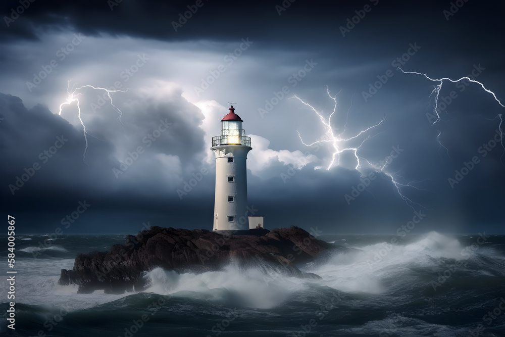 a lighthouse surrounded by storm clouds and lightning 