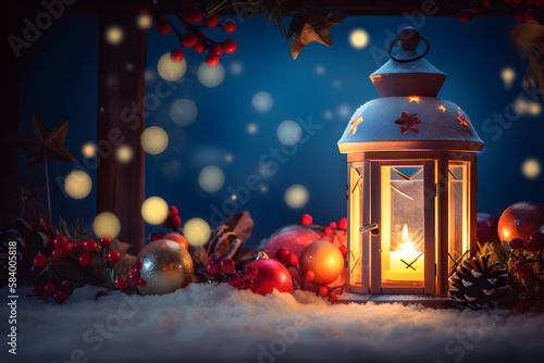 a lantern surrounded by christmas decorations and lights 