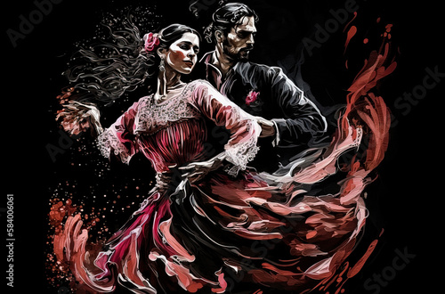 Generative AI illustration of Young couple dancing flamenco