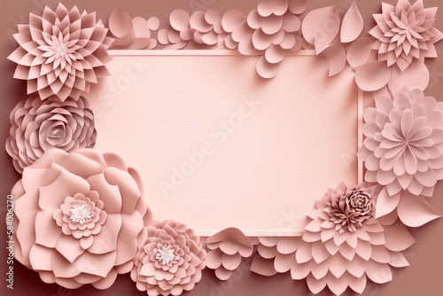 Pale Rose Color Background With A Large Empty Space In The Center, Silhouettes Of Beautiful Origami Flowers On The Edges. Generative AI photo