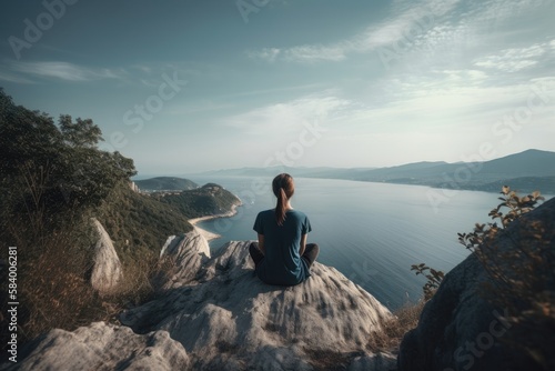 Woman Sitting Back In Lotus Pose On A Cliff, With A Breathtaking View Of The Ocean Or Mountains . Generative AI