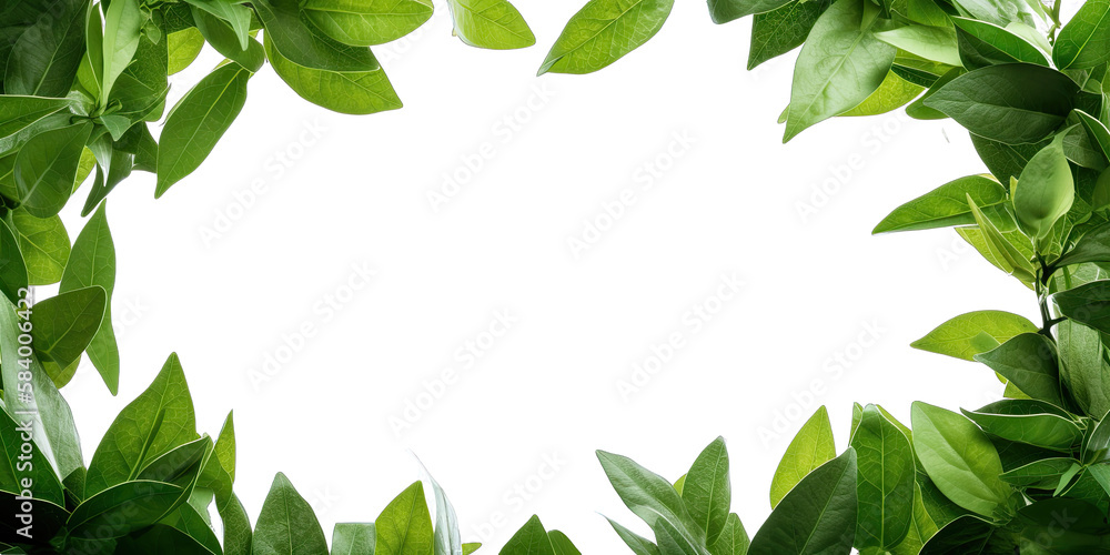 Natural green leaves frame border isolated on white background. Generative AI