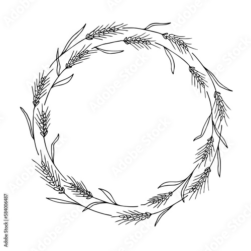 Wreath frame from ears of wheat.A bunch of ears of wheat,dried whole grains.Cereal harvest,agriculture,organic farming,healthy food symbol.Ears of wheat hand drawn.Design element. Isolated background