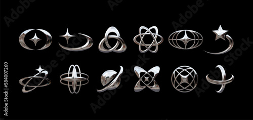 Y2K chrome retro-futuristic vector elements set: 3D imitation stars, planets, abstract shapes. Ideal for futuristic, sci-fi, and digital designs