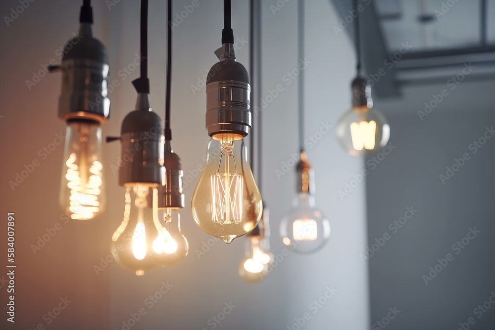 a bunch of light bulbs hanging from a ceiling in a room. generative ai a bunch of light bulbs hanging from a ceiling in a room. generative ai