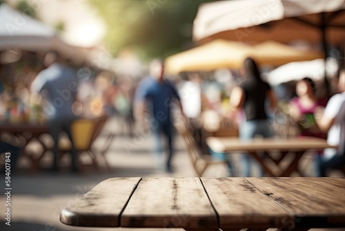 Empty Product Display Table with a Famers Market Background (Generative AI)