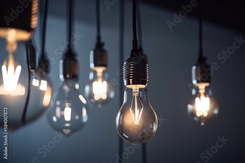  a bunch of light bulbs hanging from a ceiling in a room. generative ai