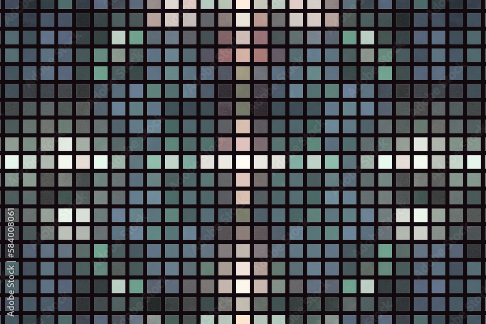 Fototapeta premium Gray multi-colored mosaic pattern of small squares on a black background. Abstract fractal 3D rendering
