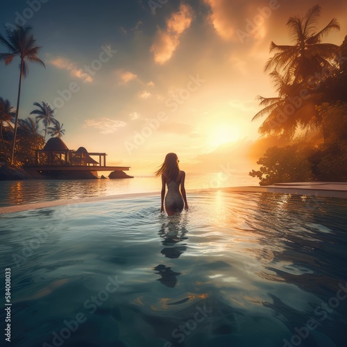 person in the pool at sunset  generative AI