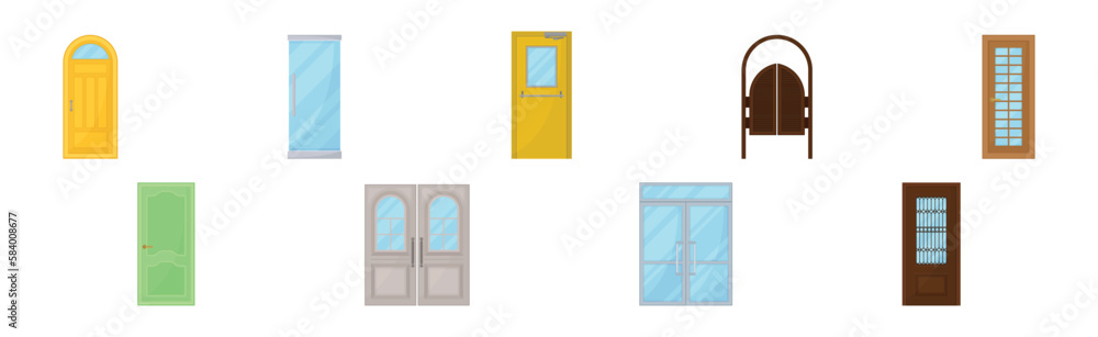 Door as Hinged Movable Barrier Used as Entrance in the Building Vector Set
