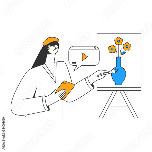 Female student draw picture in class using video