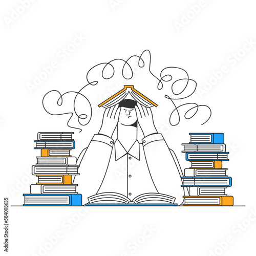 Male student tired of reading books in the library