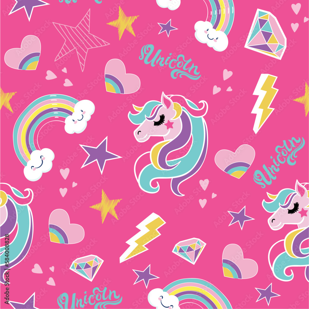 Seamless pattern with unicorn, star, rainbow, hearts, lightning, brilliant. Vector background for kids, textile, fabric, web, wrapping paper and other design.