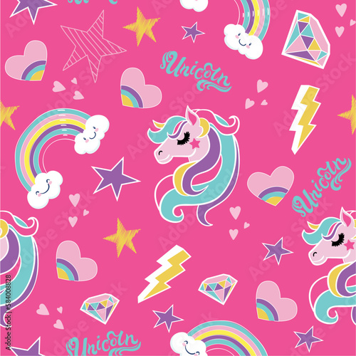 Seamless pattern with unicorn  star  rainbow  hearts  lightning  brilliant. Vector background for kids  textile  fabric  web  wrapping paper and other design.