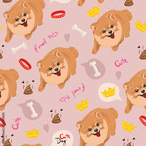 Pomeranian Spitz puppy seamless pattern. Small German spitz all over print background. Little smile dog vector stock illustration. Domestic animal in cartoon style repeat design.