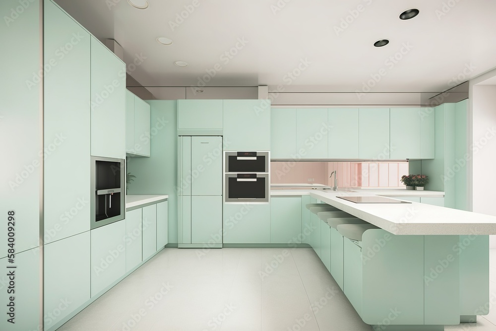 Clean pastel Kitchen, modern, luxury, green with pink combination, product background 3D Clean pastel Kitchen, modern, luxury, green with pink combination, product background 3D