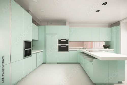 Wallpaper Mural Clean pastel Kitchen, modern, luxury, green with pink combination, product background 3D Torontodigital.ca