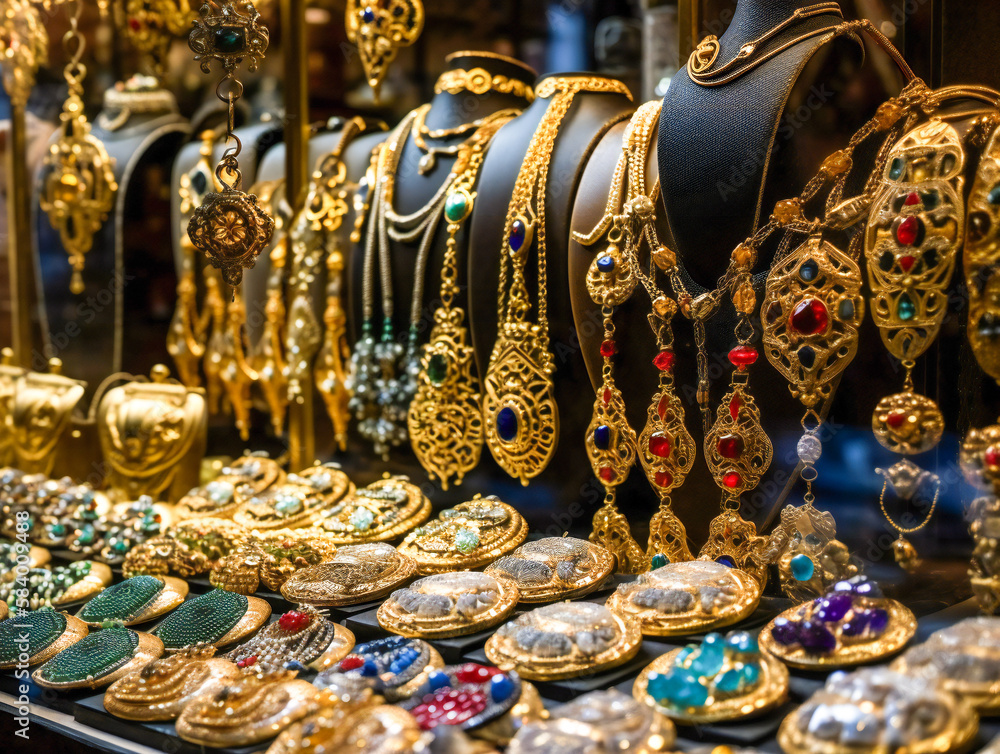 Fototapeta premium Oriental jewelry in a middle east bazaar. Created with Generative AI technology.