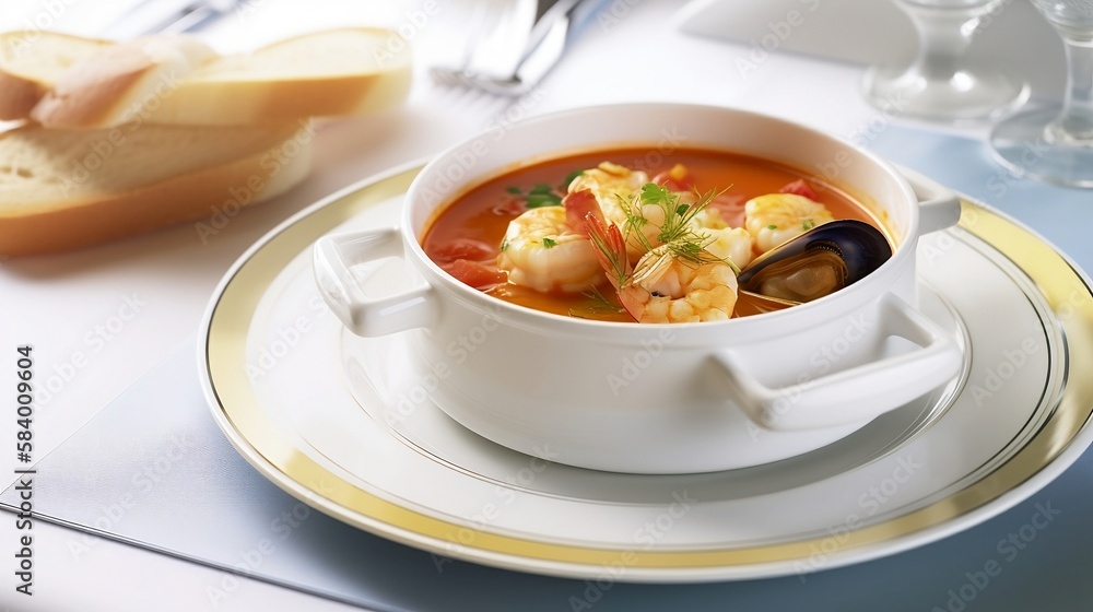 Bouillabaisse served in a shallow dish with croutons. The soup is arranged so that the seafood is visible. Generative AI Bouillabaisse served in a shallow dish with croutons. The soup is arranged so that the seafood is visible. Generative AI