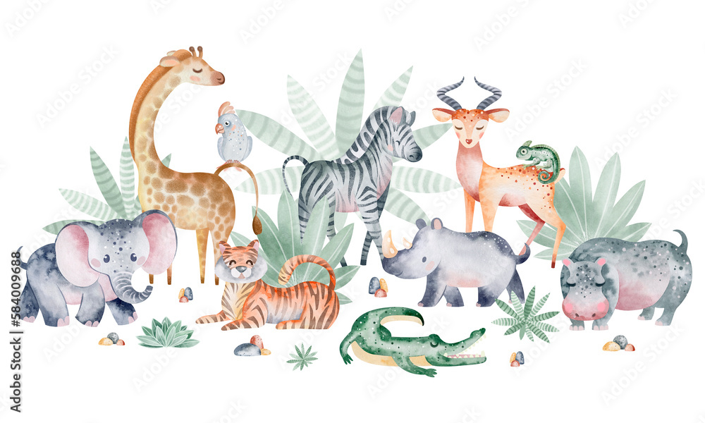 Obraz premium Animals of Africa watercolor illustration. Children's illustration of animals on a white background. Hand drawn.