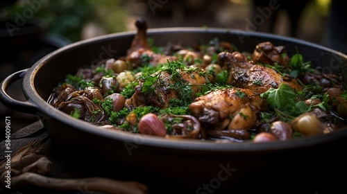 Coq au vin on copper skillet. Chicken wings with brown chicken skin,, shallots, herbs, green parsley. Generative AI