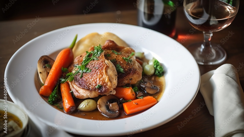 Coq au vin on white porcelain plate. Chicken leg, carrots, mushrooms, rich brown sauce, green herbs, orange carrots, Crispy chicken skin, tender meat, soft vegetables. Generative AI Coq au vin on white porcelain plate. Chicken leg, carrots, mushrooms, rich brown sauce, green herbs, orange carrots, Crispy chicken skin, tender meat, soft vegetables. Generative AI