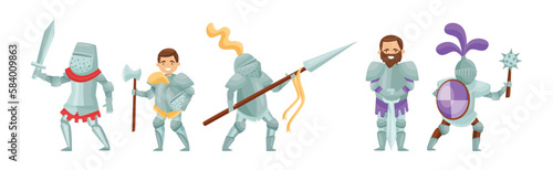 Knight from Middle Ages in Iron Armour Suit Holding Sharp Spear and Ax Vector Set