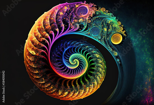 Colorful spiral  fantasy color swirls  surreal fractal  light fractal  vortex  symbol on dark background. Generative Ai.
