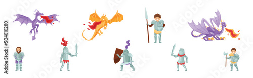 Brave Medieval Knight in Armored Suit Holding Sword and Spear Fighting with Fire Breathing Dragon Vector Set