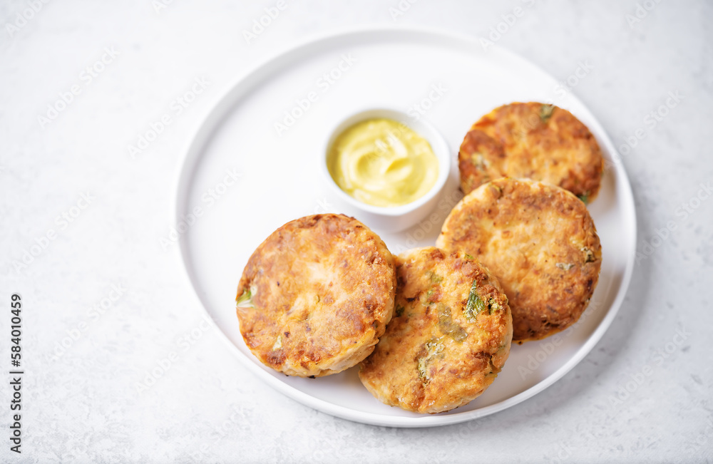 Salmon potato cakes with suace Salmon potato cakes with suace