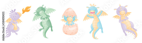 Cute Dragons as Horned and Winged Four-legged Creature from Fairytale Vector Set