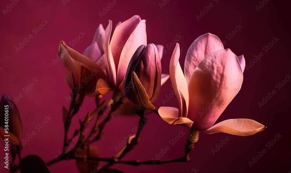  a close up of a pink flower on a branch with a purple background.  generative ai
