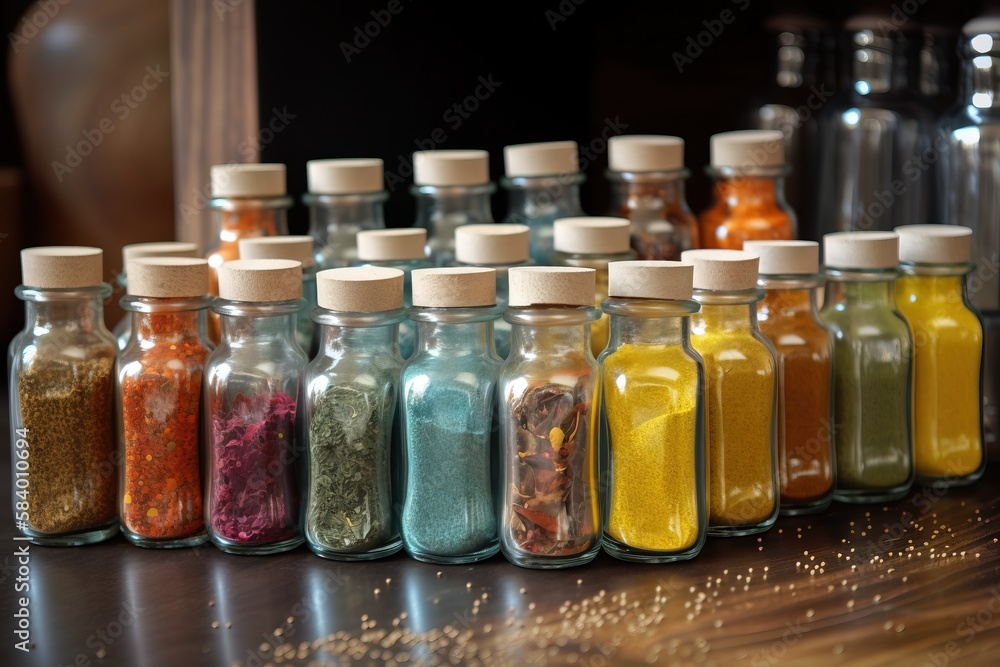 a row of glass jars filled with different colored spices and seasonings. generative ai a row of glass jars filled with different colored spices and seasonings. generative ai