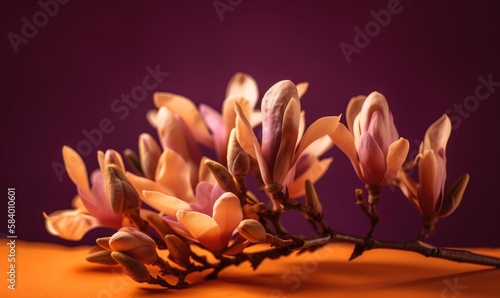  a branch of a tree with pink flowers on a purple background. generative ai