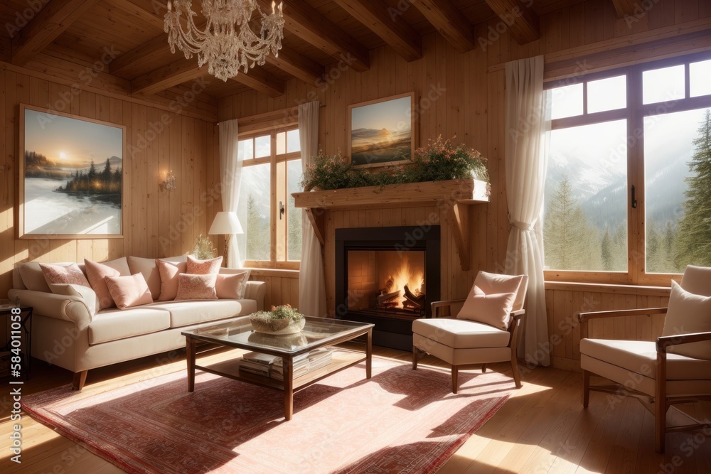 Chalet interior of wooden living room with fireplace. Generative AI Chalet interior of wooden living room with fireplace. Generative AI