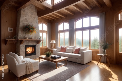 Chalet interior of wooden living room with fireplace. Generative AI