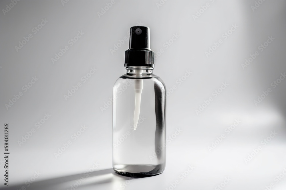  a clear bottle with a black top on a white surface.  generative ai