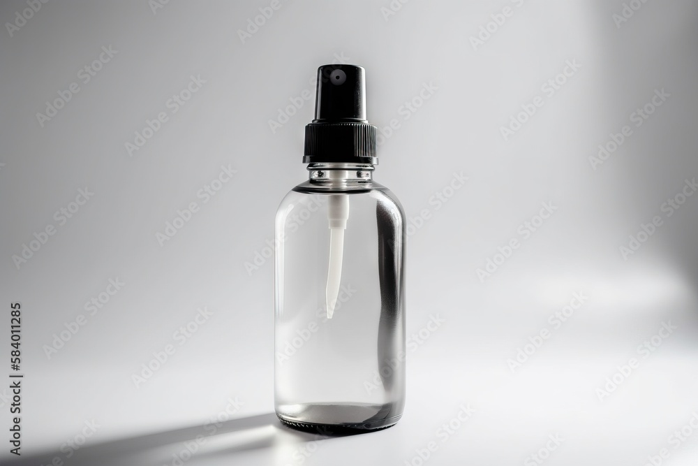 a clear bottle with a black top on a white surface. generative ai a clear bottle with a black top on a white surface. generative ai