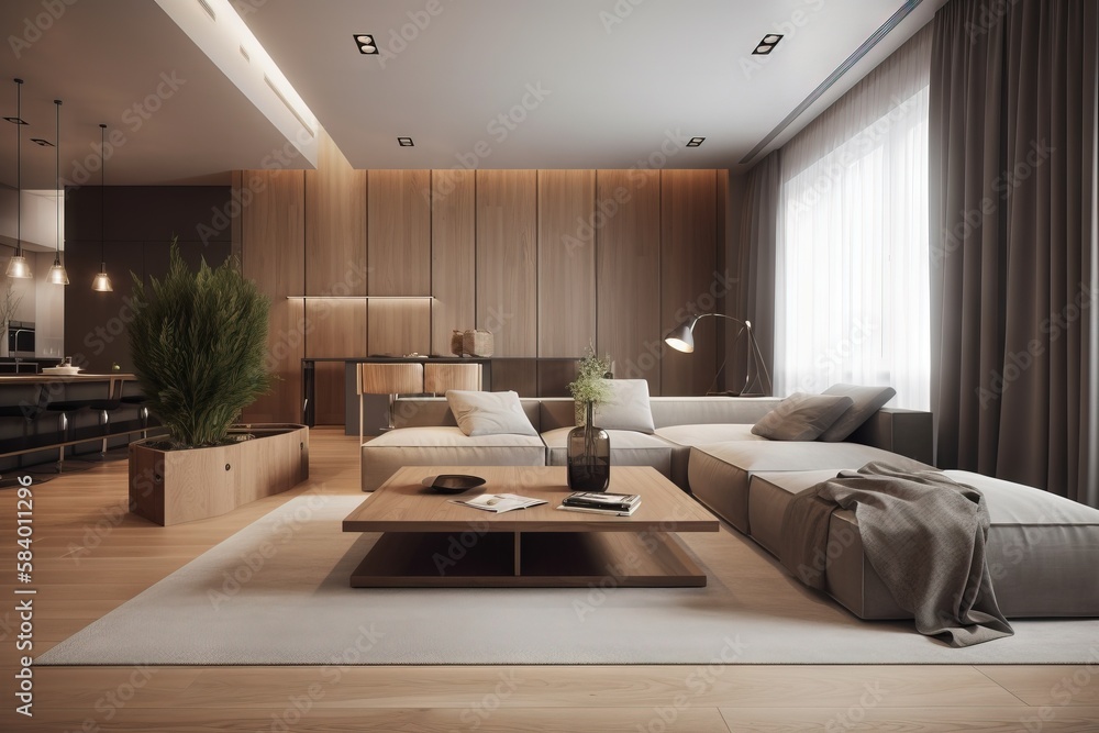 a living room with a couch, coffee table and a tv. generative ai a living room with a couch, coffee table and a tv. generative ai