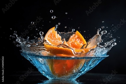  a glass bowl filled with oranges and water on a black background. generative ai