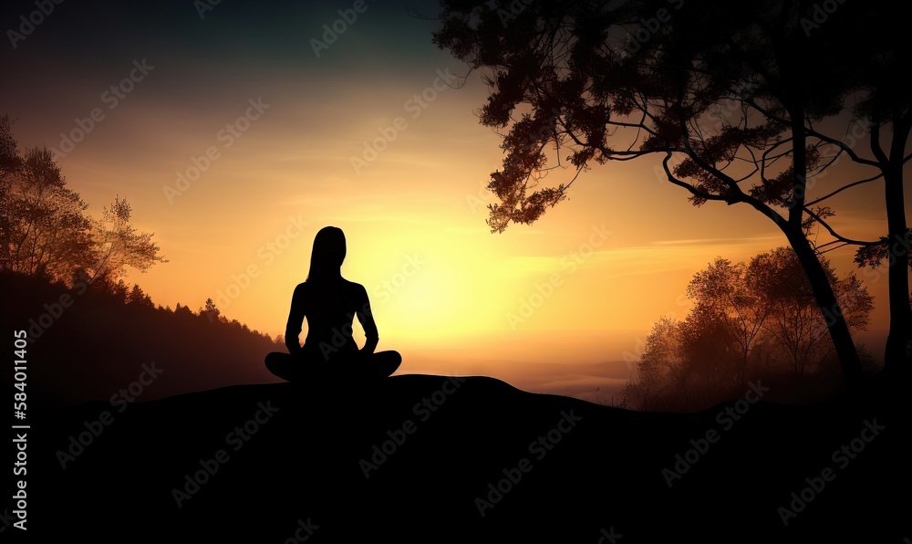 a person sitting on a hill with a sunset in the background.  generative ai
