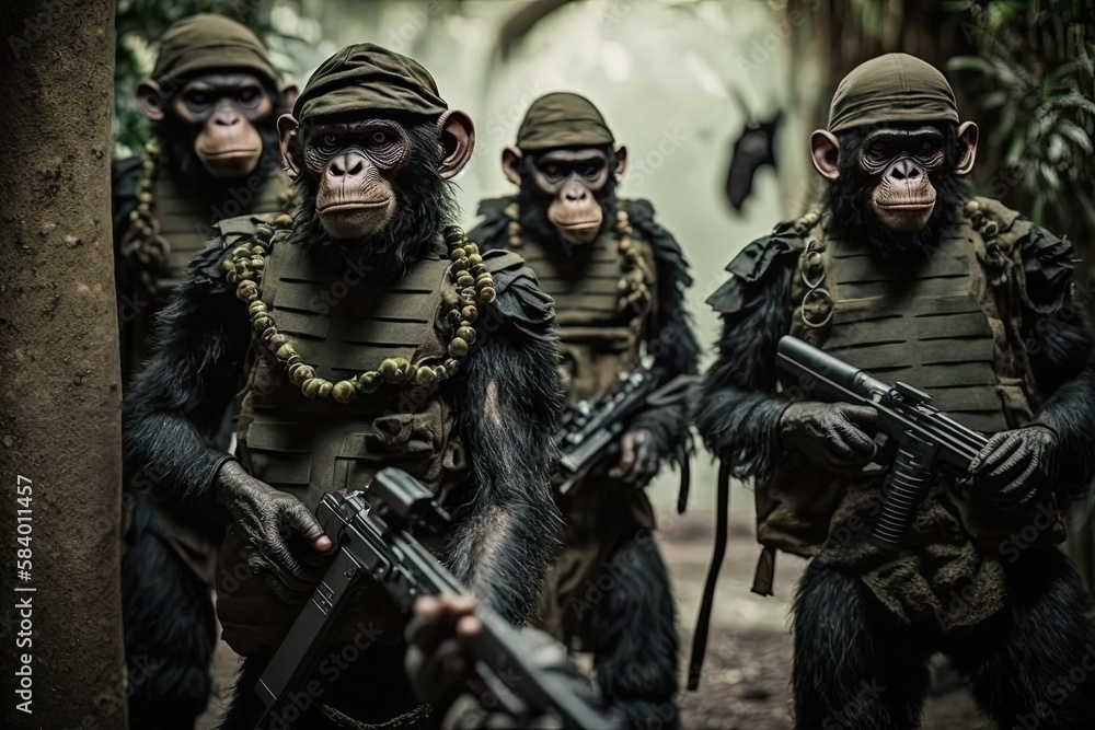 Chimpanzee soldiers with guns going through the jungle. Generative AI Chimpanzee soldiers with guns going through the jungle. Generative AI