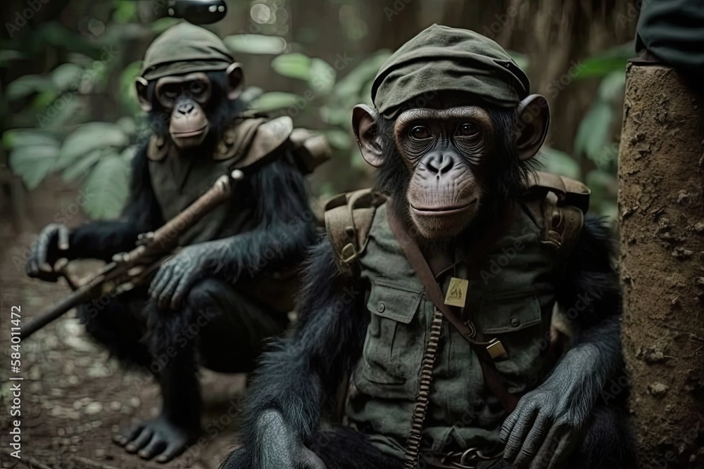 Chimpanzee soldiers with guns going through the jungle. Generative AI