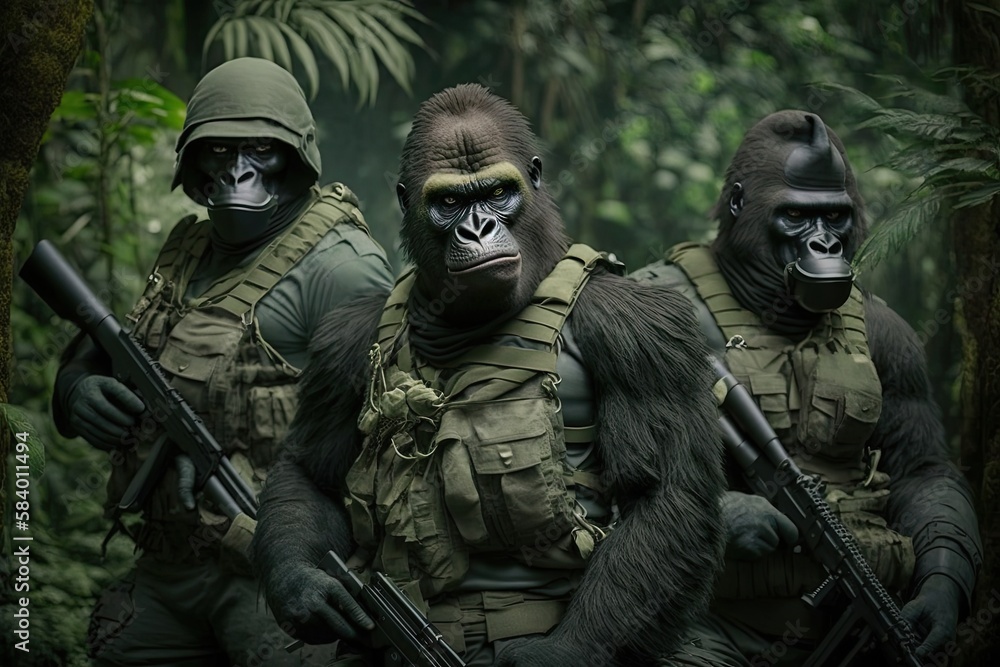 Fototapeta premium Gorillas soldiers with guns going through the jungle. Generative AI