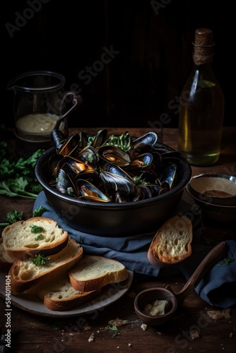  a bowl of mussels and bread on a table.  generative ai