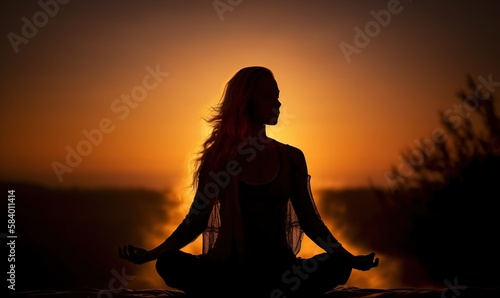  a woman sitting in a lotus position in front of a sunset. generative ai